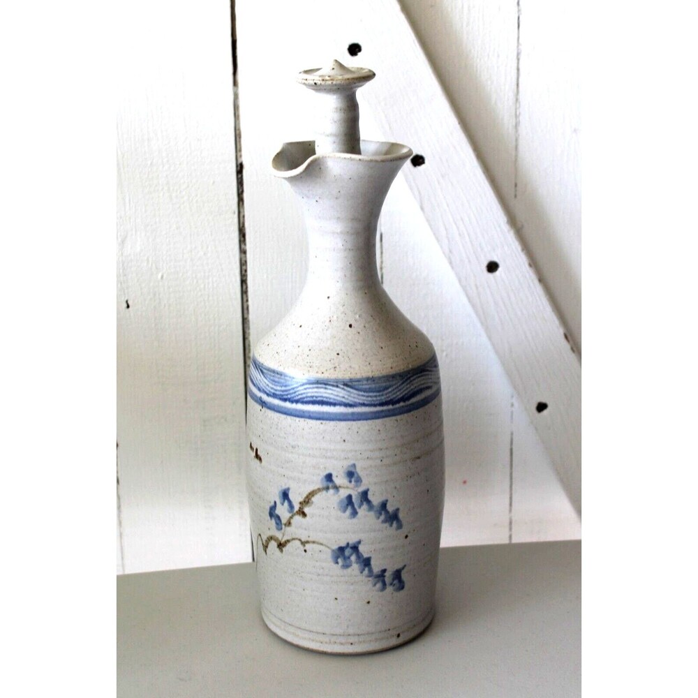Art Pottery Stoneware Decanter Bottle w/ Stopper Blue Earth Tone Signed 11.5"